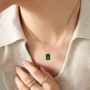 Emerald Pendant Necklace for Women — 18K Gold Plated, Dainty Green Stone on model